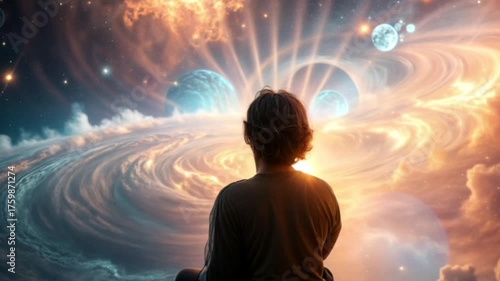 person in futuristic environment gazing at swirling cosmic space with luminous celestial bodies