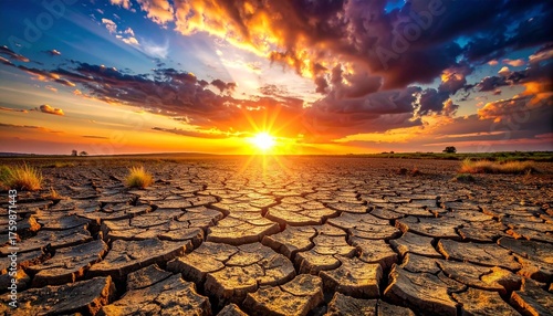 Cracked Earth at Sunset A Stark Reminder of Environmental Challenges and Climate Change Impact.