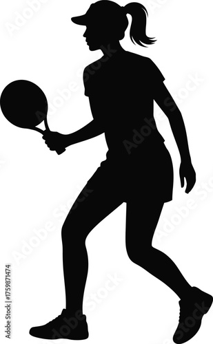 A female table tenis ball player silhouette, using flat solid black color design, vector illustration design on a white background 