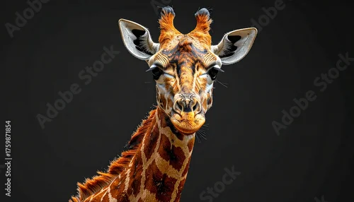 Obraz Majestic Giraffe Portrait Against Dark Background Captivating Wildlife Photography Graceful Animal Close Up.