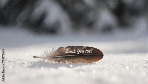 Feather in Winter Snow with Thank You 2023 Message.
