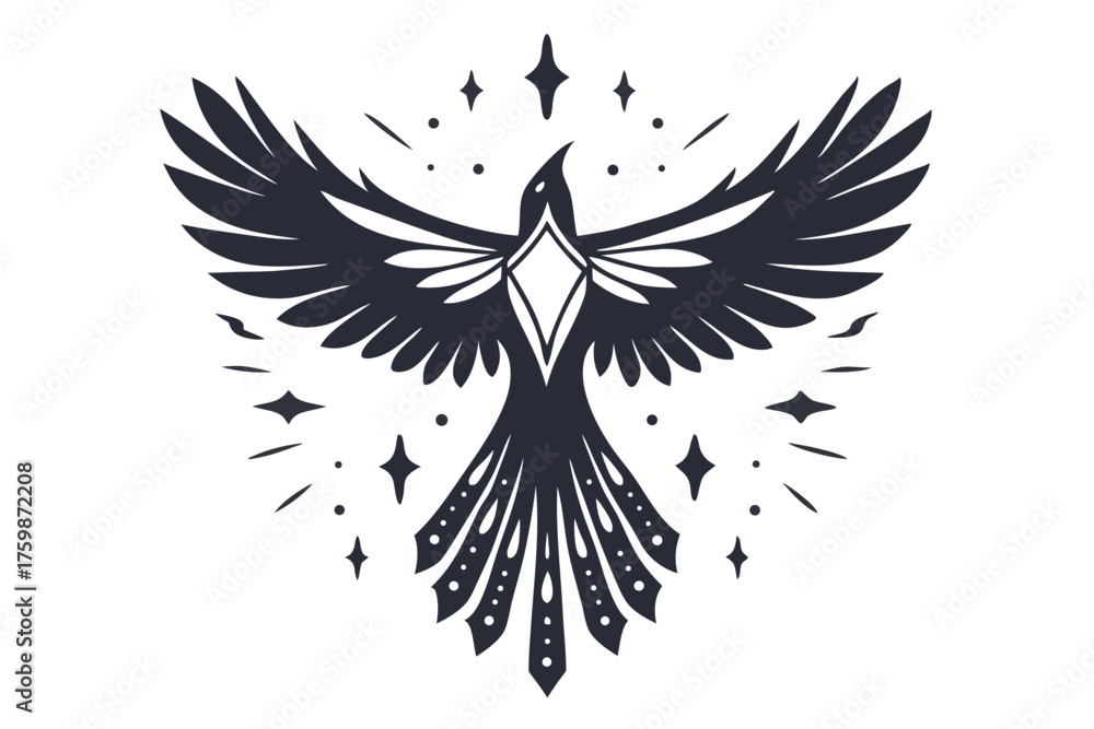 Fototapeta premium Stylized bird icon with geometric wings soars amidst shining star bursts gracefully