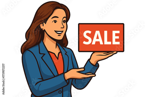Businesswoman holding sale sign and smiling in a promotional setting superior