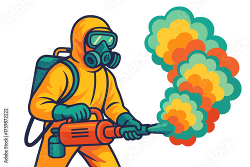 Man wearing protective suit spraying pesticide with colorful smoke fumigation