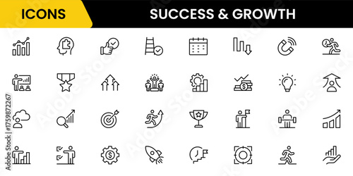 Success and growth web icons inline style. Handshake, growth profit, innovation, increase sale, coaching, progress, strategy, achievement, collection. Vector illustration.