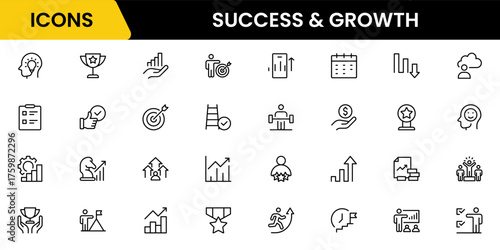 Success and growth web icons inline style. Handshake, growth profit, innovation, increase sale, coaching, progress, strategy, achievement, collection. Vector illustration.