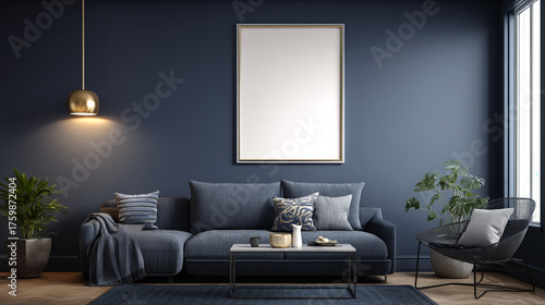 Living room interior with blue walls sofa plants and blank framed artwork