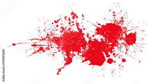 An abstract composition of vibrant crimson splatters against a stark black background