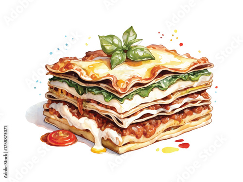 Baked lasagna delight layers of pasta sauce melted cheese in watercolor style convert to vector