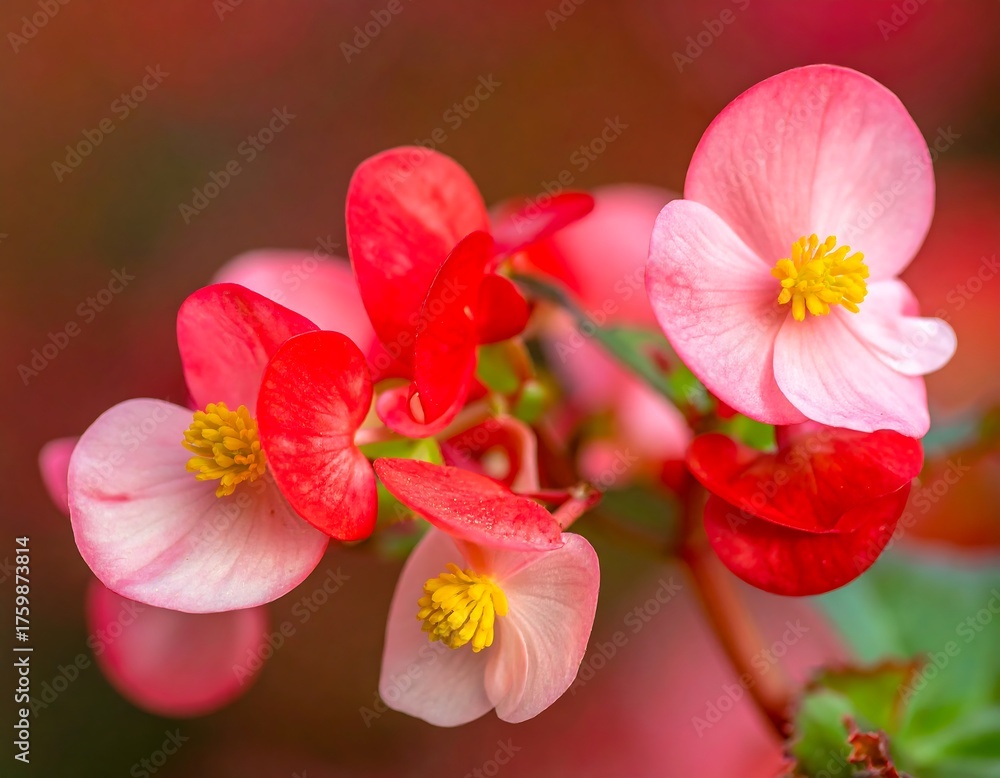 Obraz premium Close-up of vibrant red and pink flowers with yellow centers, soft petals, and blurred background