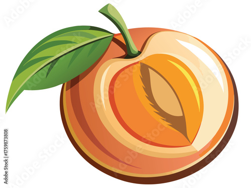 Vector art of a juicy peach cut in half, showing its pit and flesh