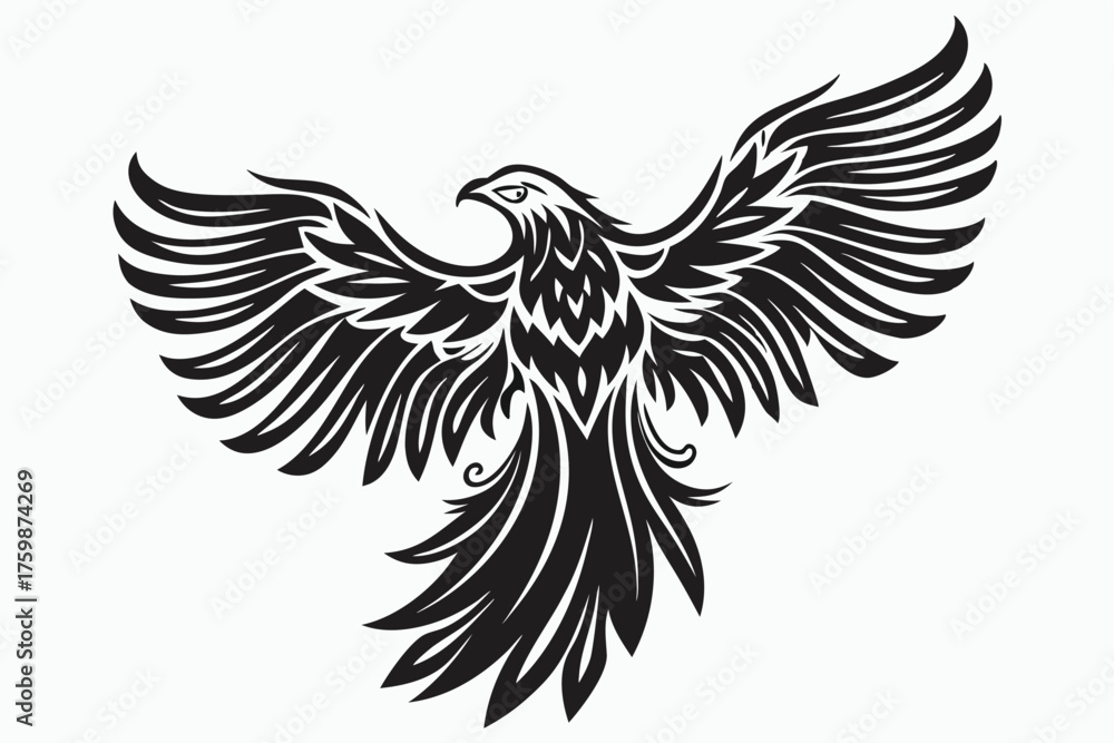 Fototapeta premium Majestic stylized eagle soars with bold outstretched wings in intricate black and white
