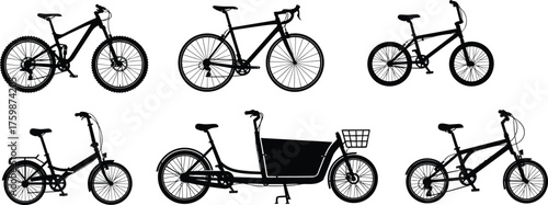 Silhouette mountain bike, road bike, kids bicycle, folding bike, cargo bike, BMX bike, cycling transport, sports bicycle, urban commuting