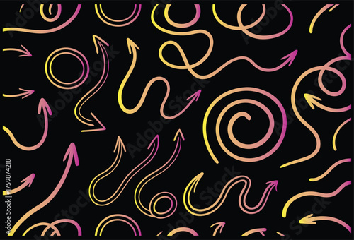 Neon Abstract Curved Lines and Swirl Doodle Vector on Black Background