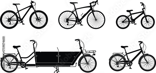 Silhouette mountain bike, road bike, kids bicycle, cargo bike, commuter bike, city bicycle, cycling transport, sports bike, urban commuting