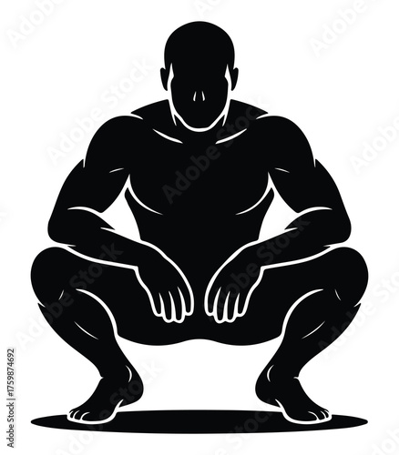 Dynamic silhouette of a person in a deep squatting pose for fitness or exercise