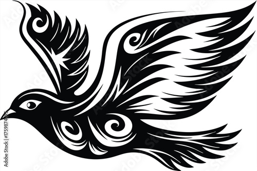 Ornate black bird silhouette soars upward, its wings filled with intricate, tribalstyle patterns