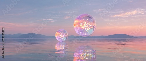 Two sparkling iridescent spheres float above tranquil water at a pastel sunset