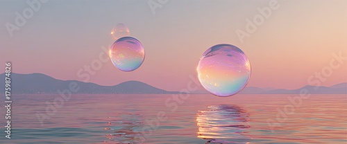 Iridescent bubbles float above calm water with mountains under a soft pastel sky