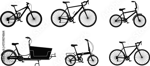 Silhouette mountain bike, road bike, BMX bike, cargo bike, folding bike, touring hybrid bike, cycling transport, sports bicycle, urban commuting