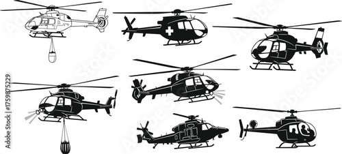 Silhouette medical helicopter, rescue helicopter, military helicopter, cargo helicopter, surveillance helicopter, police helicopter, 