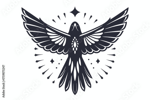 Stylized dark raven flies with spread wings over white background, exuding celestial vibes