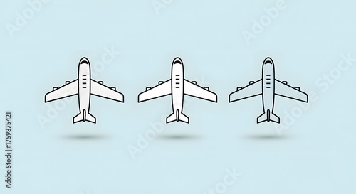 Three sleek airplane icons create a modern travel pattern on soft blue background, perfect for aviation, tourism, and transportation industry visuals