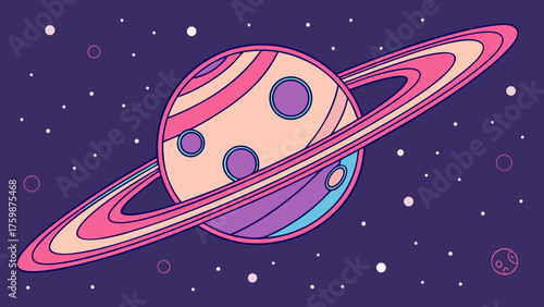Cartoon alien landscape with a colorful-ringed planet, rugged rocks, a starry night sky, and a shooting star, creating a mysterious, otherworldly atmosphere.