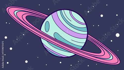 Alien world with green ringed planet, rocky terrain, starry night sky, and shooting star, cartoon sci-fi illustration.