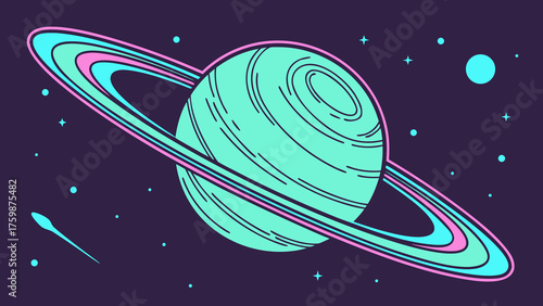 Futuristic alien planet with green rings, rocky surface, starry sky, and shooting star, sci-fi cartoon vector illustration.