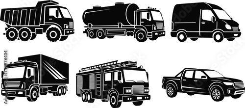 Silhouette dump truck, tanker truck, delivery van, box truck, fire truck, pickup truck, commercial vehicles, transport, logistics, emergency, utility