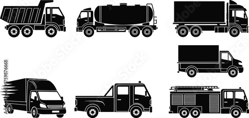 Silhouette dump truck, tanker truck, box truck, delivery van, pickup truck, fire truck, cargo vehicle, logistics transport, emergency vehicle