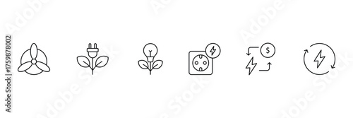 Energy efficiency web icons in line style. Green energy, power plant, planet care, protection, solar energy. Vector illustration. 