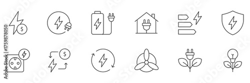 Energy efficiency line icon set. Ecology of energy consumption, energy-saving light bulb, electricity, solar battery, electric car. Vector illustration.