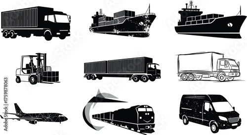Silhouette cargo truck, container ship, forklift, delivery truck, freight train, cargo airplane, delivery van, logistics transport, shipping vehicle, supply chain