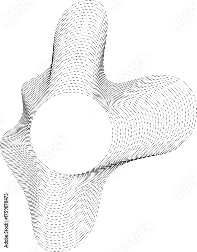 Vector shape centered on a circular hollow with outer dotted lines forming a unique liquid-inspired flow.