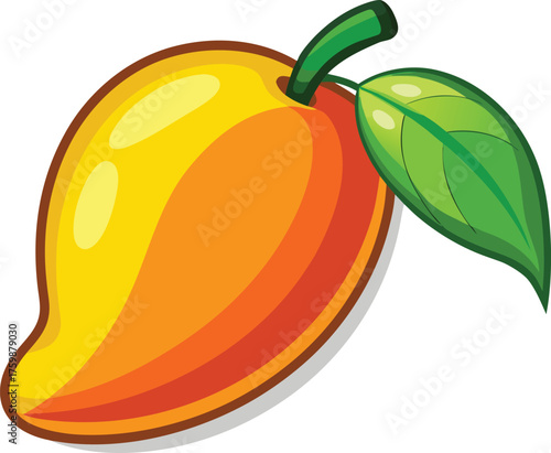 Vector art of a vibrant orange and yellow mango with a green stem and leaf