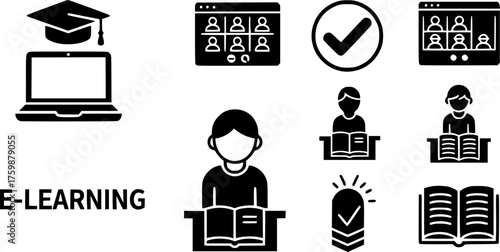 E-Learning & Online Education Black Silhouette Icon Set: Graduation, Video Conference, Student Studying, and Knowledge Symbol Solid Vectors.