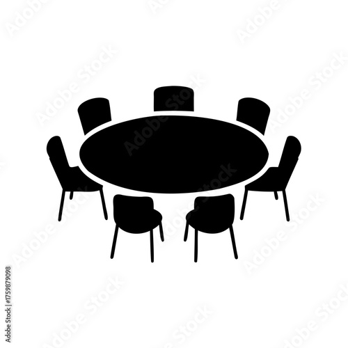 Black and white illustration of round table with chairs around it