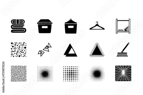 Minimalist Home Organization Black Silhouette Icon Set: Storage Bins, Folded Towels, Hanger, and Declutter Symbols for Lifestyle and Productivity.