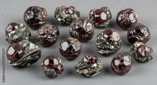 Stunning collection of natural deep red garnets and sparkling pyrite mineral specimens arranged on a clean grey background, perfect for geology enthusiasts and collectors.
