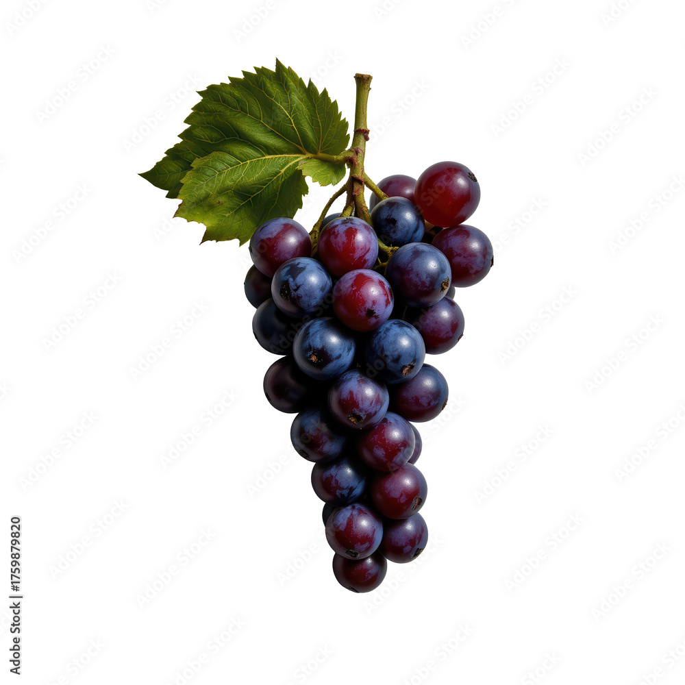 Fototapeta premium Fresh Vine-Ripened Grapes with Green Leaves on a White Background