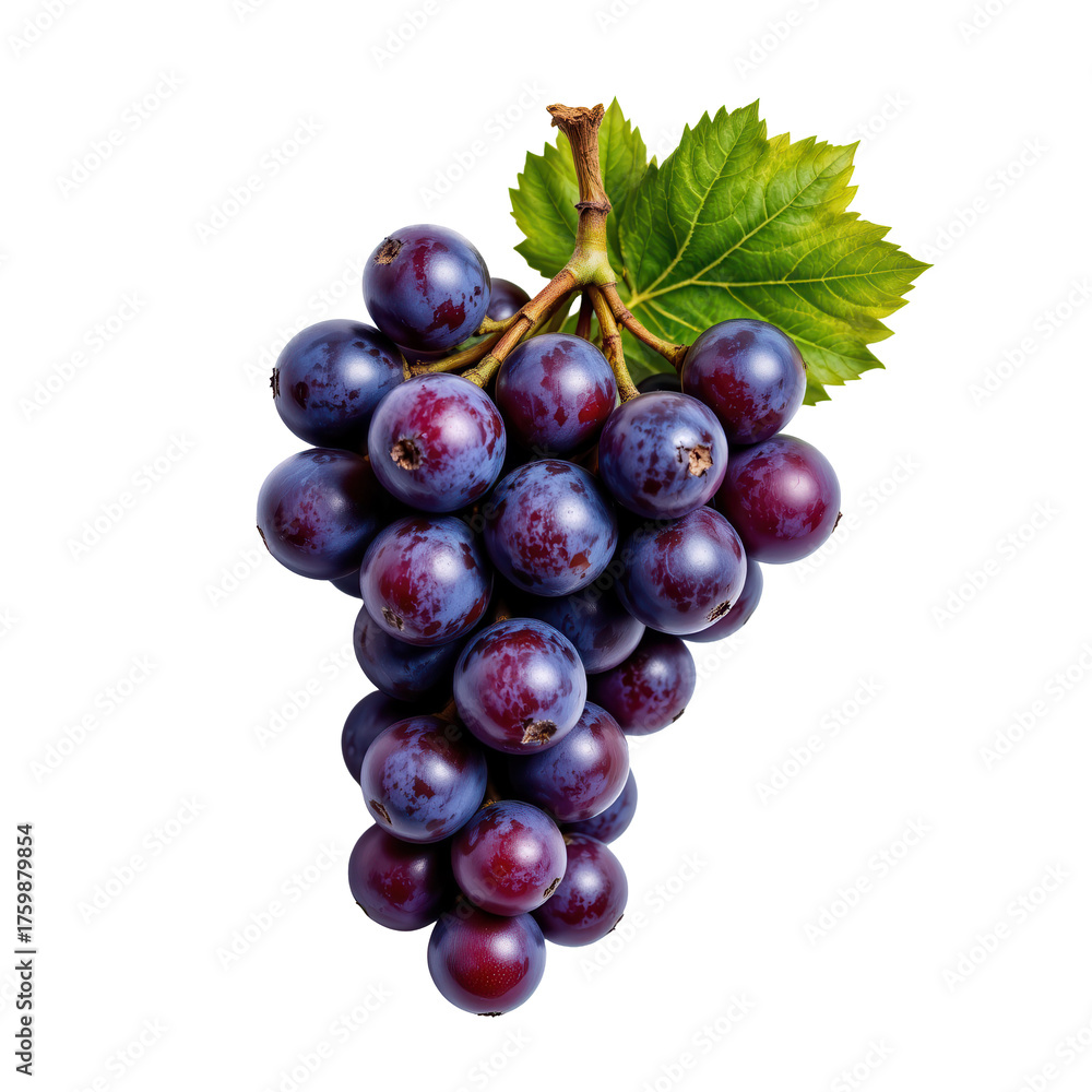 Fototapeta premium Fresh Organic Grapes on Vine with Green Leaves Isolated Background