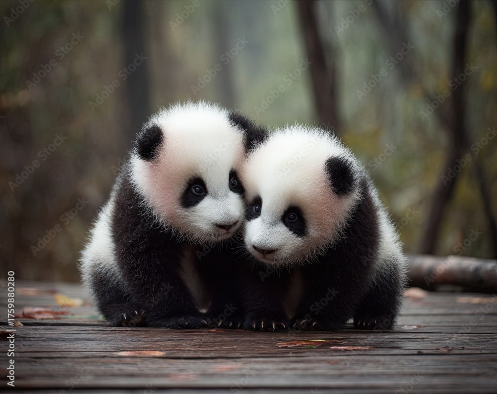 Obraz premium Two adorable black and white baby pandas cuddling on a rustic wooden surface outdoors