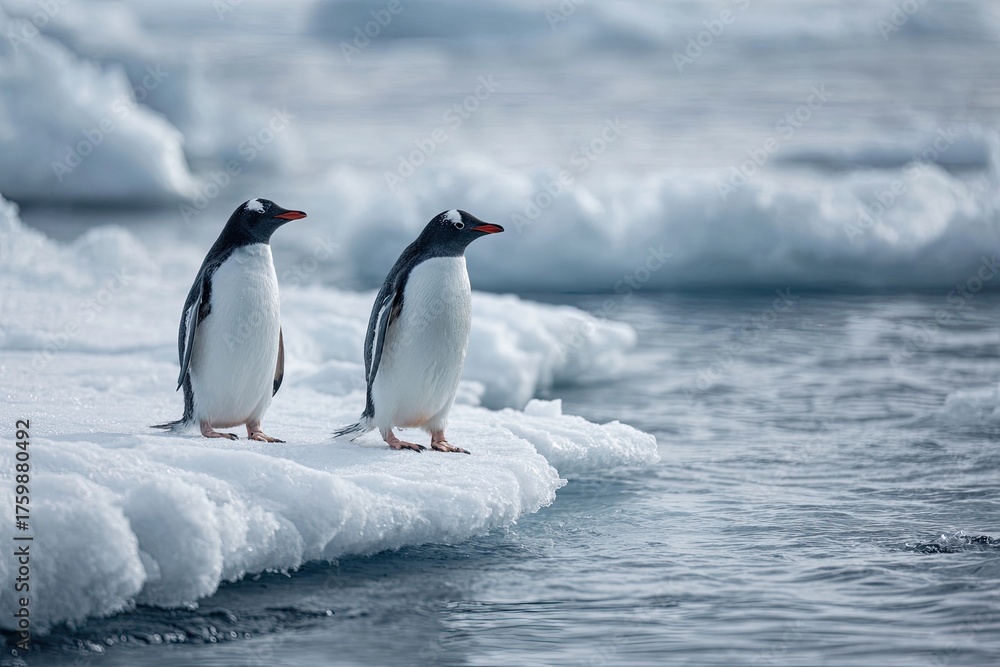 Fototapeta premium Two penguins stand on an icy floe by the calm, cold ocean, with distant icebergs