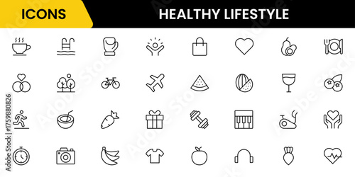 Healthy lifestyle icon set. Contains Icons for diet, exercise, sleep, running, routine, gym, nutrition, cardio exercises, sports supplements, yoga, self-care, culture, and hobbies.