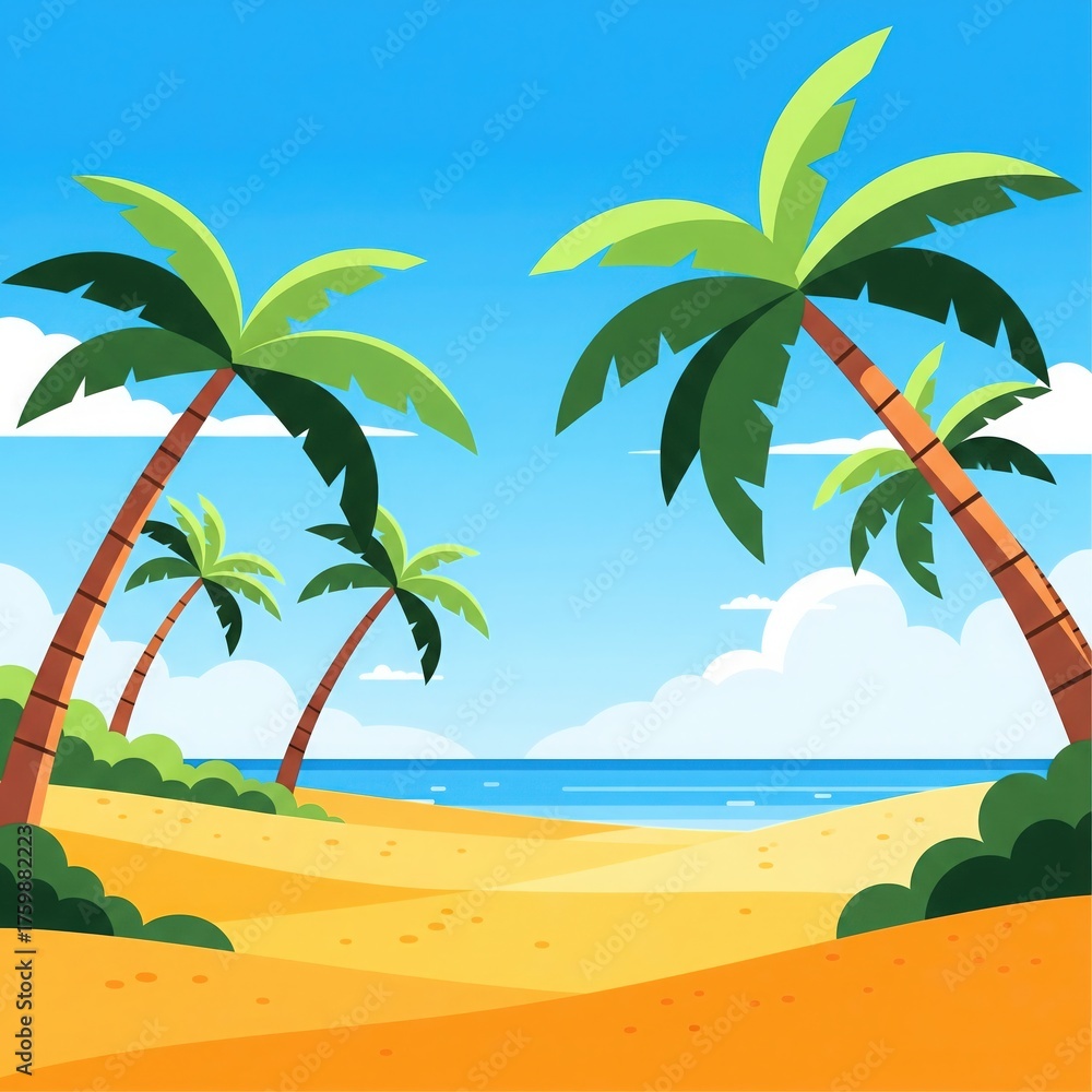 Obraz premium Tropical Beach with Palm Trees. Flat Vector Summer Vacation Background.