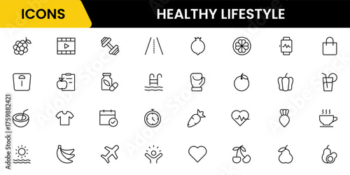 Healthy lifestyle icon set. Contains Icons for diet, exercise, sleep, running, routine, gym, nutrition, cardio exercises, sports supplements, yoga, self-care, culture, and hobbies.