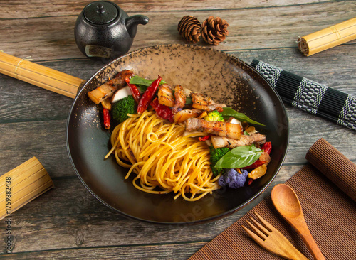Canvastavla A delicious and vibrant fusion of Asian and Italian flavors with pork belly, vegetables, and chili peppers