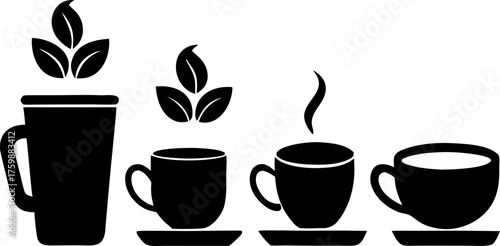 Evolution of coffee  espresso cup as final form black Silhouette  , white background 